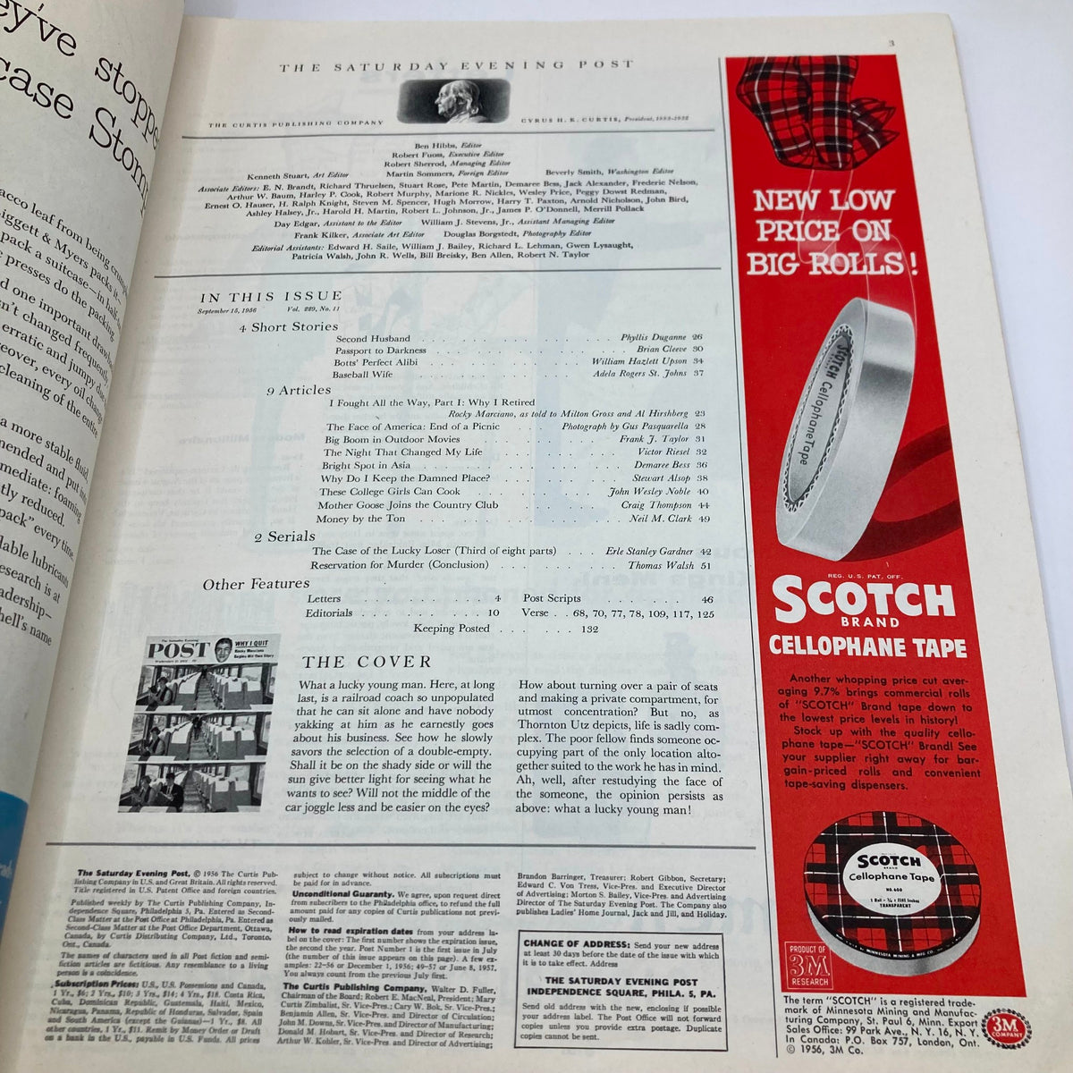 Inside page of the Saturday Evening Post Magazine September 15, 1956, displaying the table of contents and various articles, illustrating the publication's diverse content.