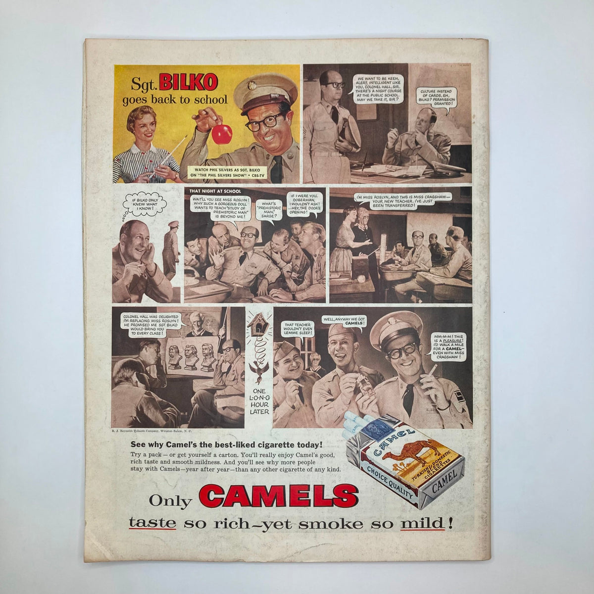 Back cover advertisement of the Saturday Evening Post Magazine September 15, 1956, promoting Camels cigarettes with a comic strip featuring Sgt. Bilko in a school setting.