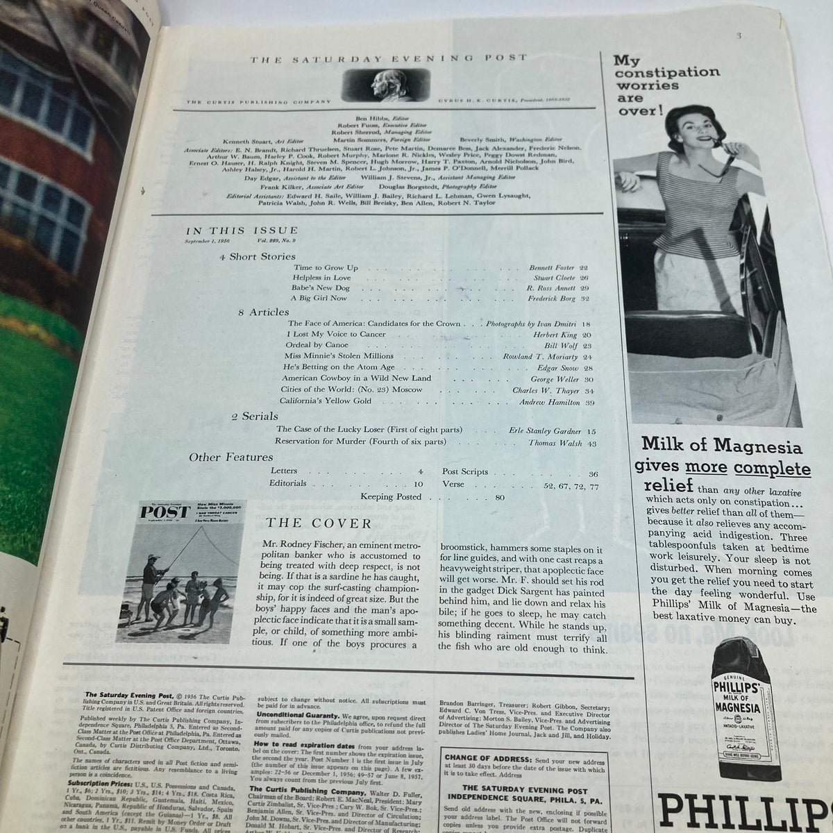 Inside page of Saturday Evening Post Magazine from September 1, 1956 showcasing the table of contents and editorial notes, highlighting articles and features of the issue.