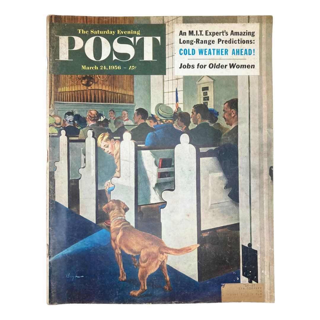 Cover of the Saturday Evening Post Magazine March 24, 1956 featuring a charming illustration titled 'Dog Named Towser' by George Hughes, depicting a dog in a church setting.
