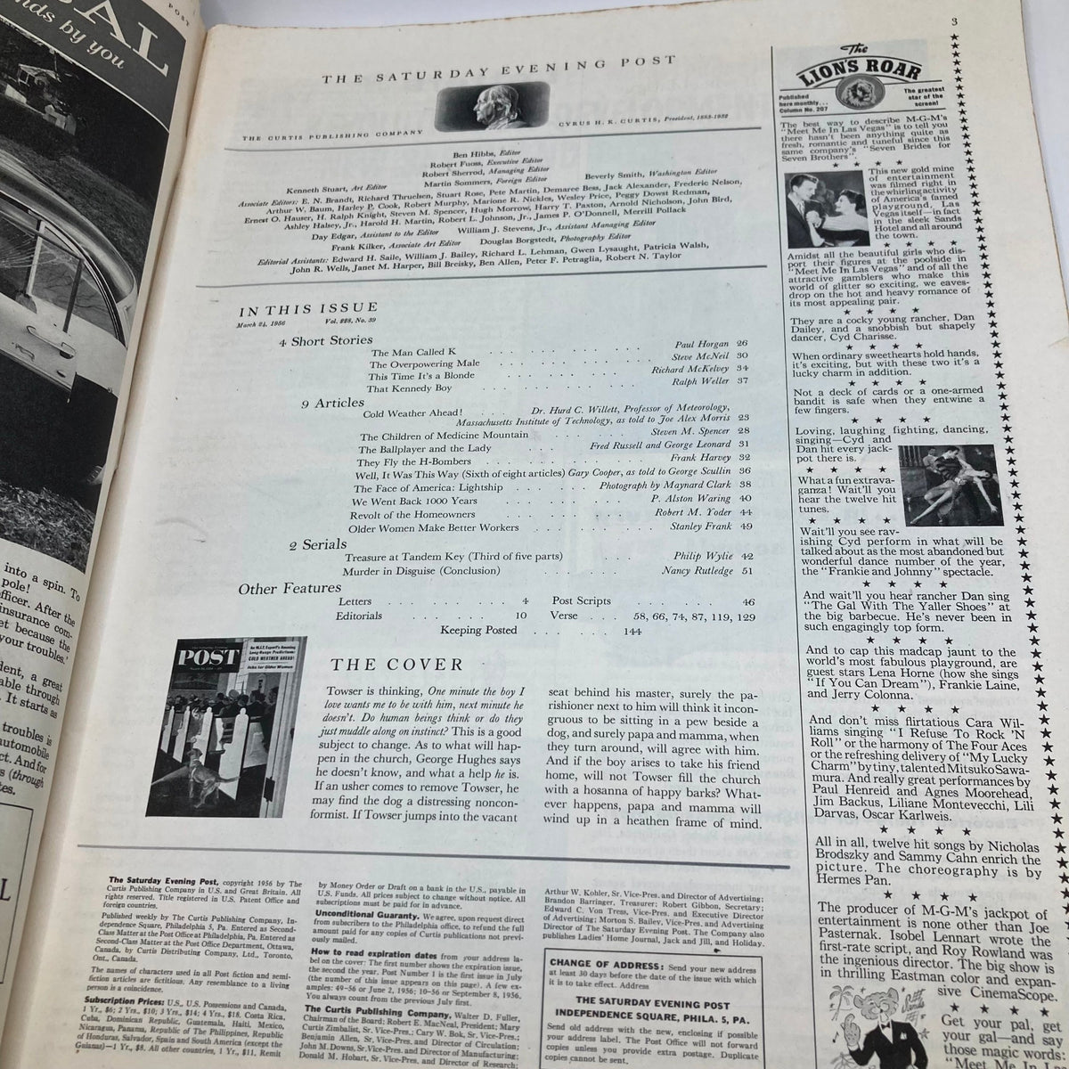 Interior page of the Saturday Evening Post Magazine March 24, 1956 displaying contents and articles for that issue, with details about the cover featuring 'Dog Named Towser'.