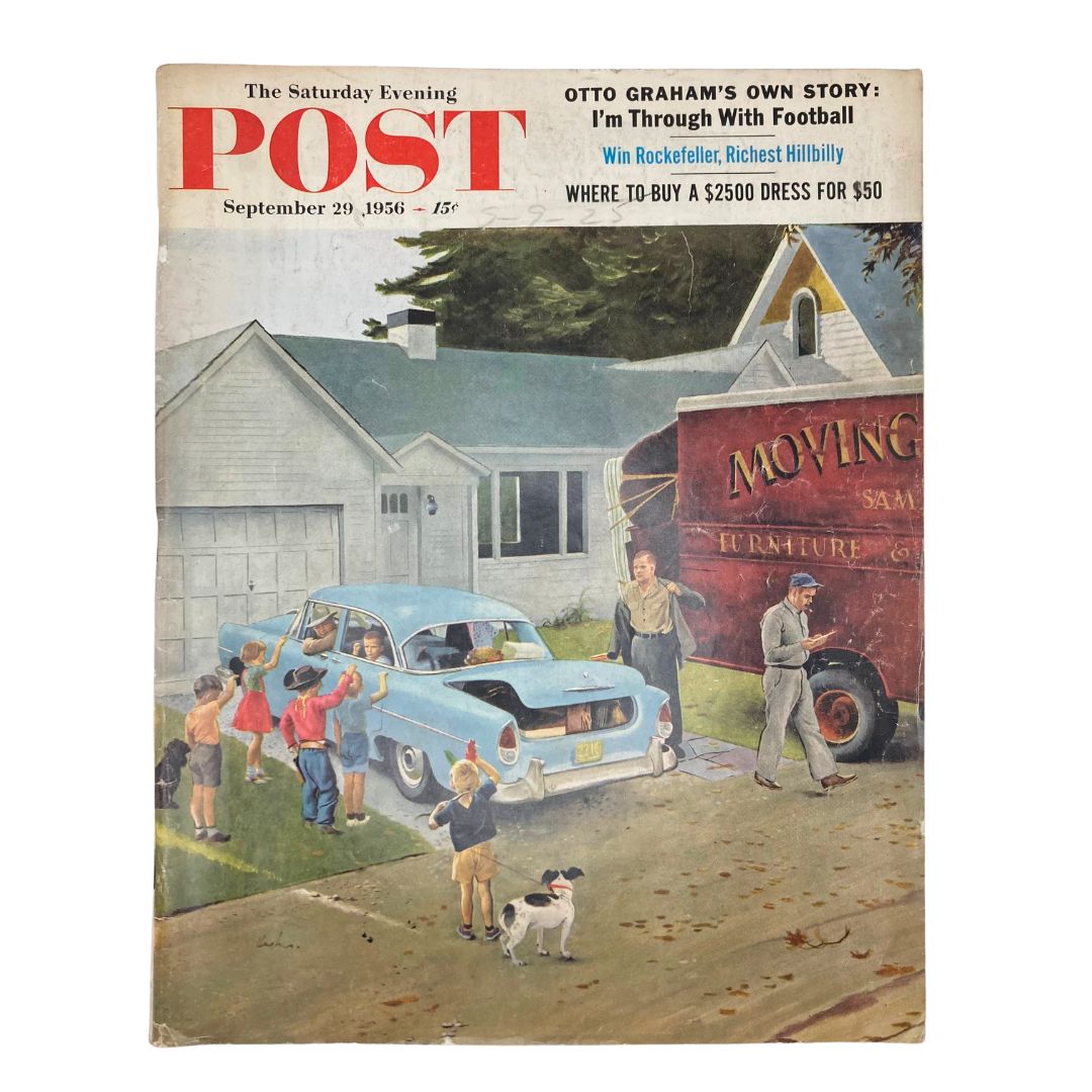 Cover of Saturday Evening Post Magazine, September 29, 1956, featuring artwork titled 'New House' by Hughes, depicting a family moving into a new home with children and a dog.