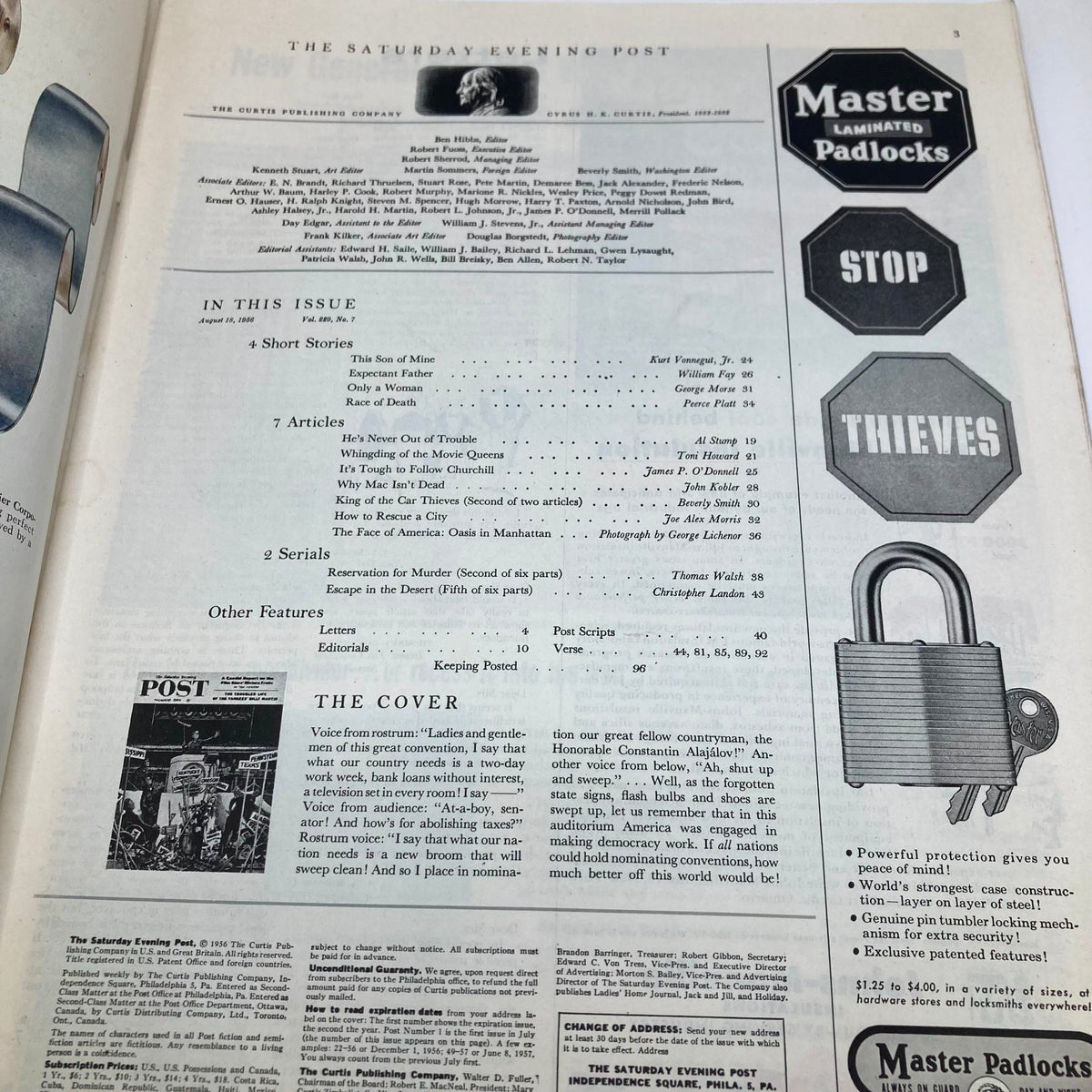 Interior page from Saturday Evening Post Magazine August 18, 1956 showcasing the table of contents and articles included in the issue.