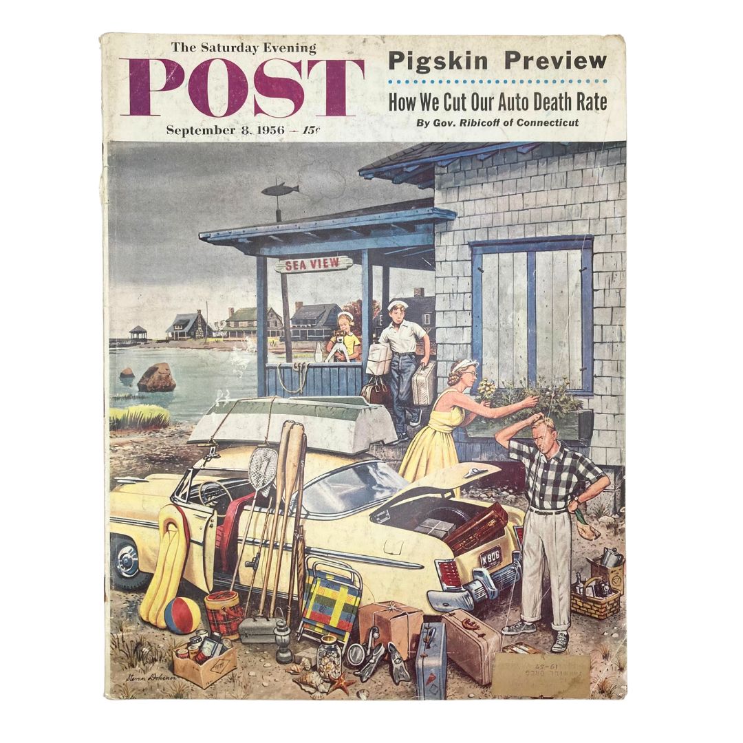 Cover of the Saturday Evening Post Magazine from September 8, 1956, titled 'A Vacation' by Steve Dohanos, featuring a nostalgic scene of a family preparing for a vacation at a seaside cottage, with a vintage car and summer activities.