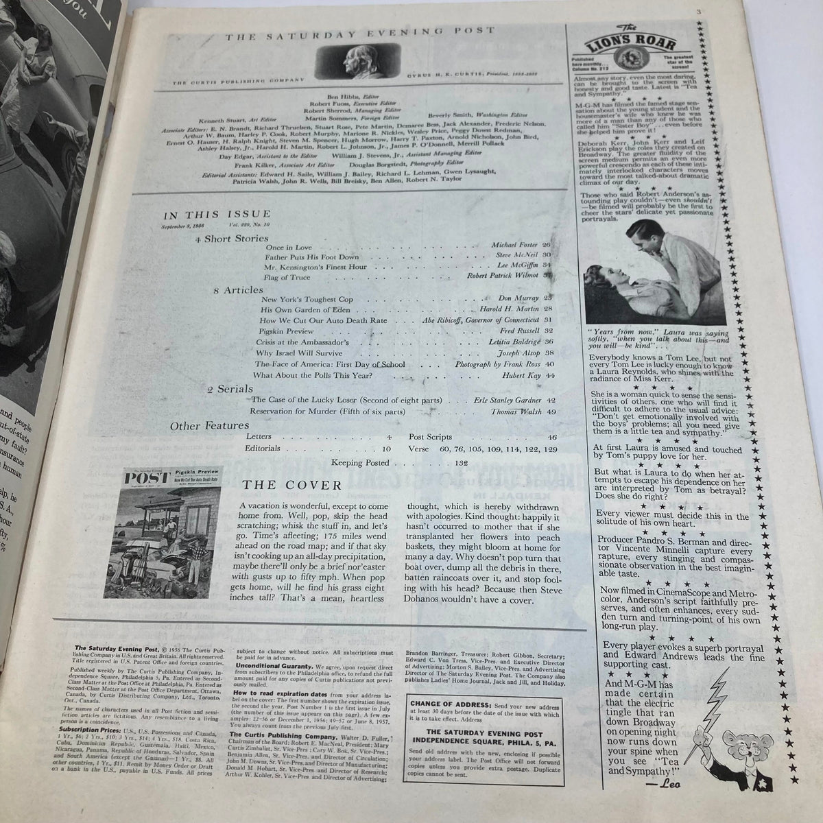 Interior page of the Saturday Evening Post Magazine September 8 1956 titled 'A Vacation', showcasing contents and features of the issue.