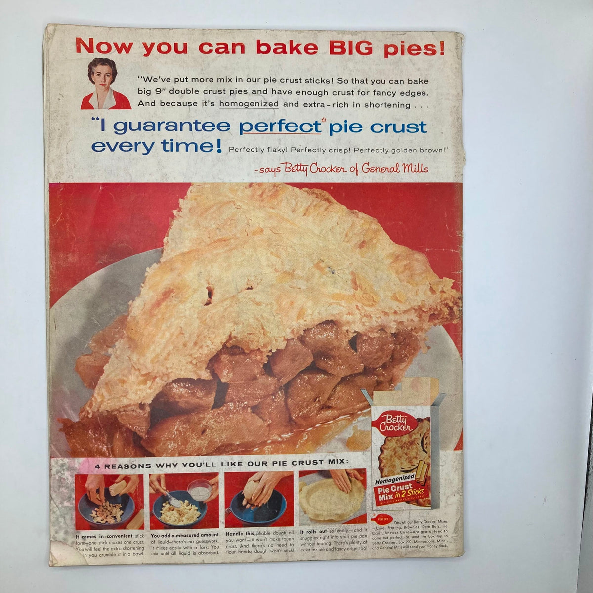 Back cover of Saturday Evening Post Magazine September 8 1956 featuring an advertisement for Betty Crocker's pie crust mix, alongside an appetizing pie image.
