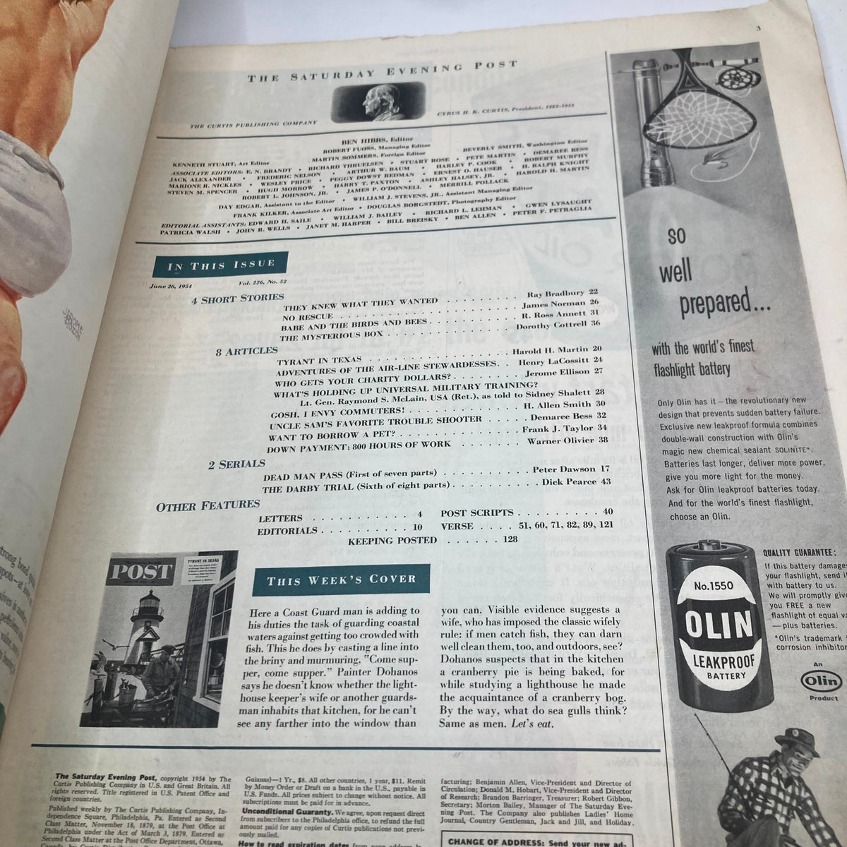 Interior page of the Saturday Evening Post Magazine from June 26, 1954, showcasing the contents and features of the issue.