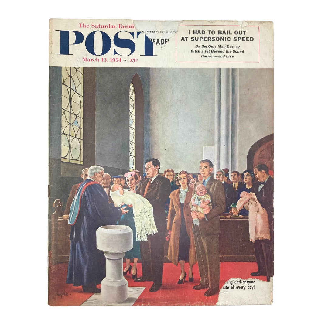 Cover of the Saturday Evening Post Magazine dated March 13, 1954, featuring the illustration 'Churchgoers' depicting a church ceremony with attendees and a priest.