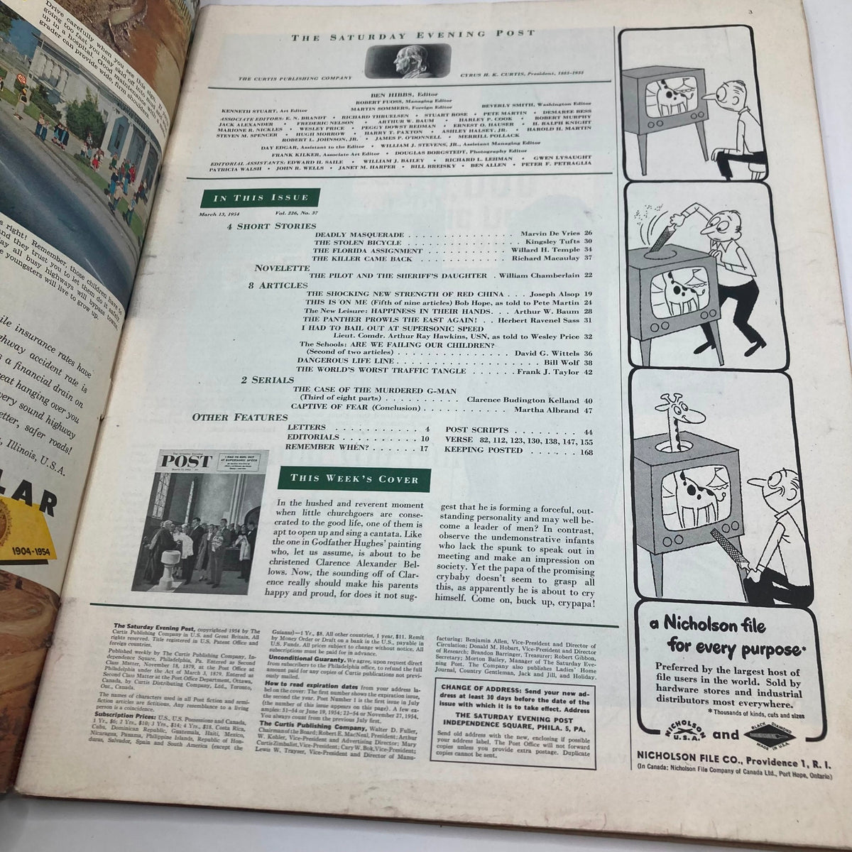 Interior page of the Saturday Evening Post Magazine from March 13, 1954, showcasing the table of contents and a feature about the week's cover illustration 'Churchgoers'.