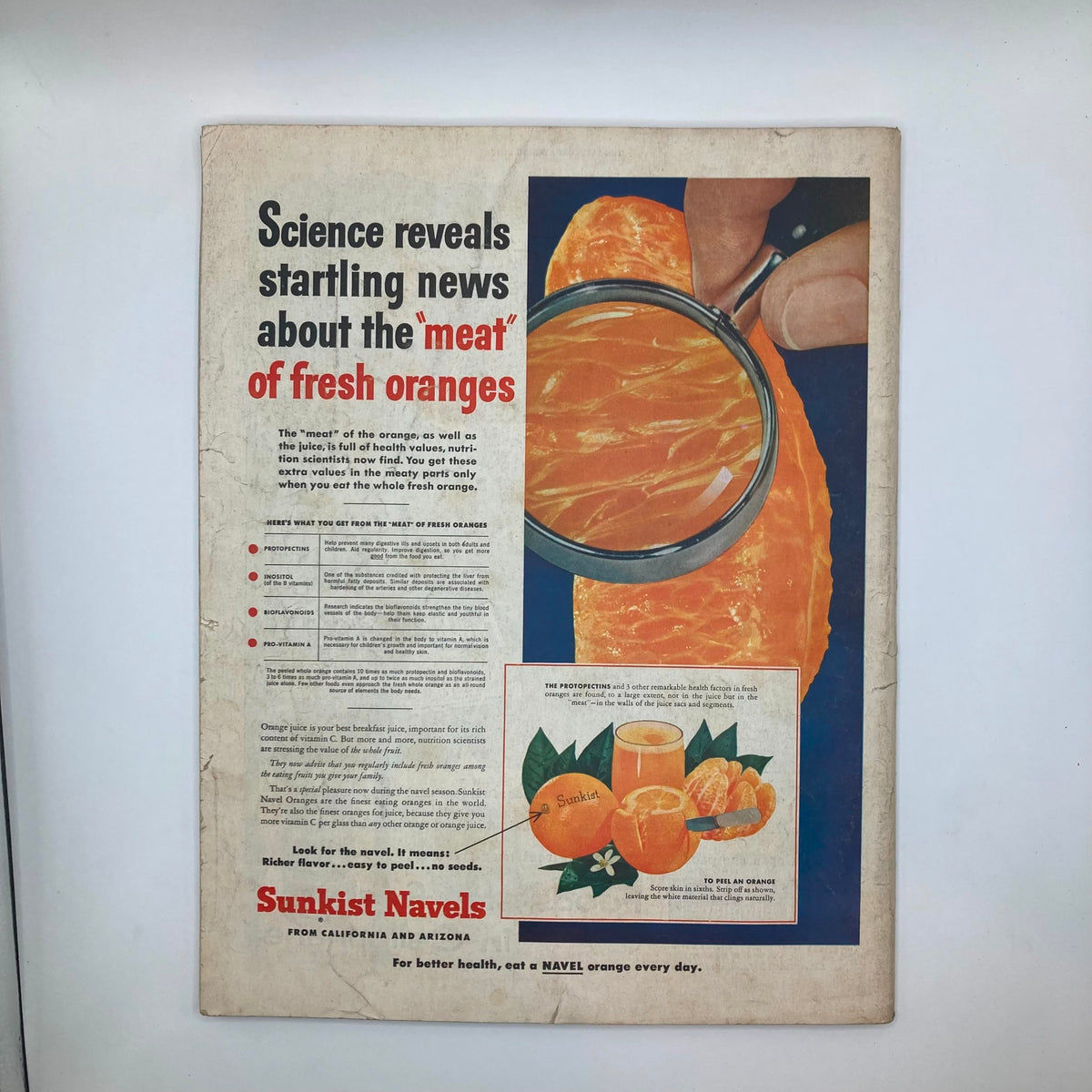 Advertisement page from the Saturday Evening Post Magazine dated March 13, 1954, promoting Sunkist Navels oranges with information about their health benefits.