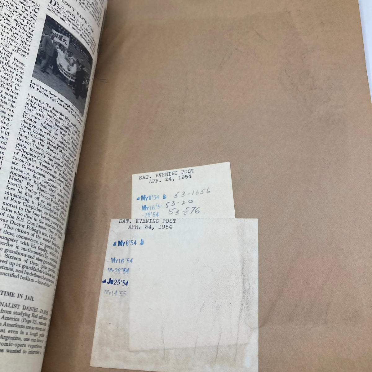 Annotation page from Saturday Evening Post Magazine April 24 1954, displaying vintage label notes and publication details.