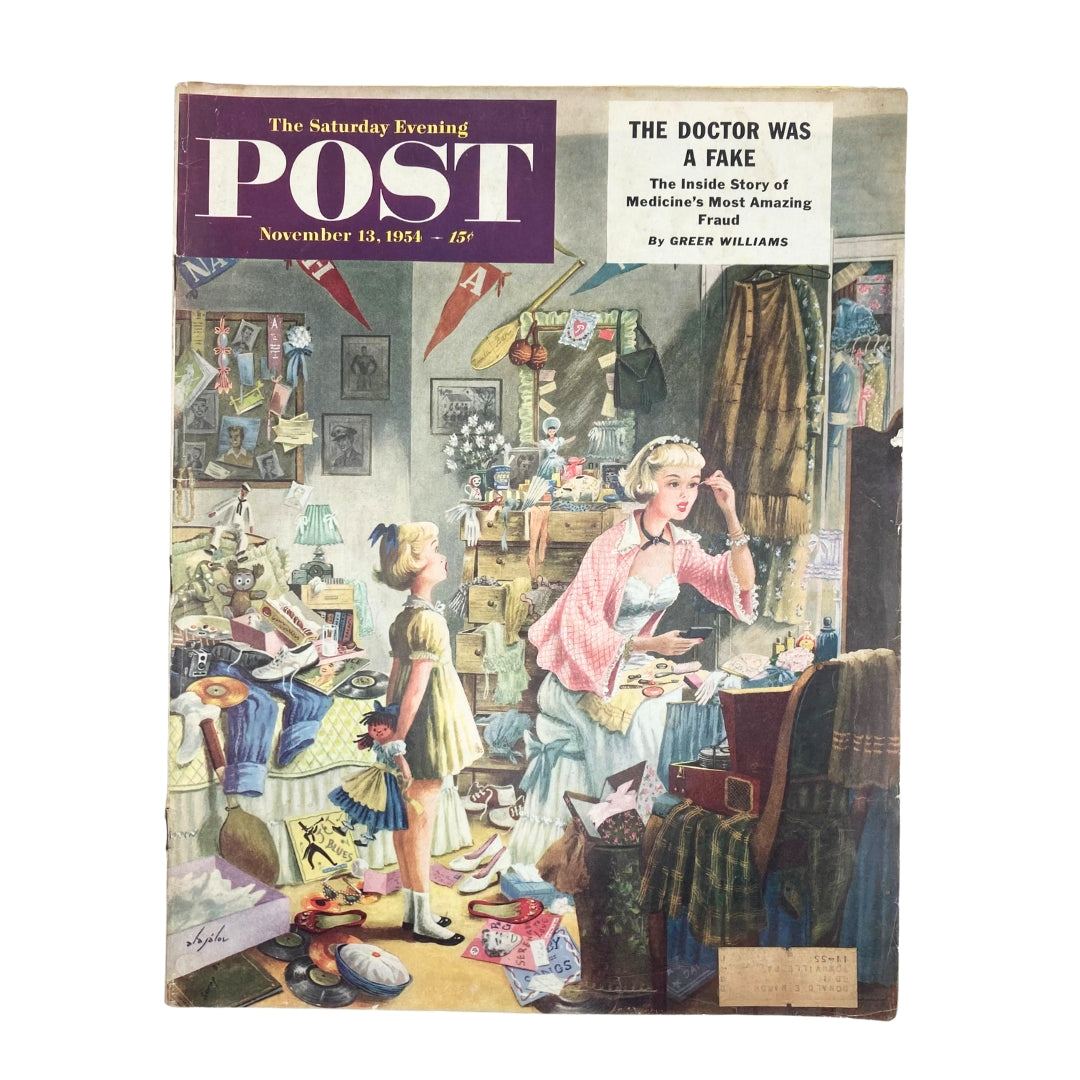 Cover of Saturday Evening Post Magazine from November 13, 1954, featuring the artwork 'To The Cotillion' by Alajalov, showcasing a vintage scene of a chaotic room with children and a woman preparing for a social event.