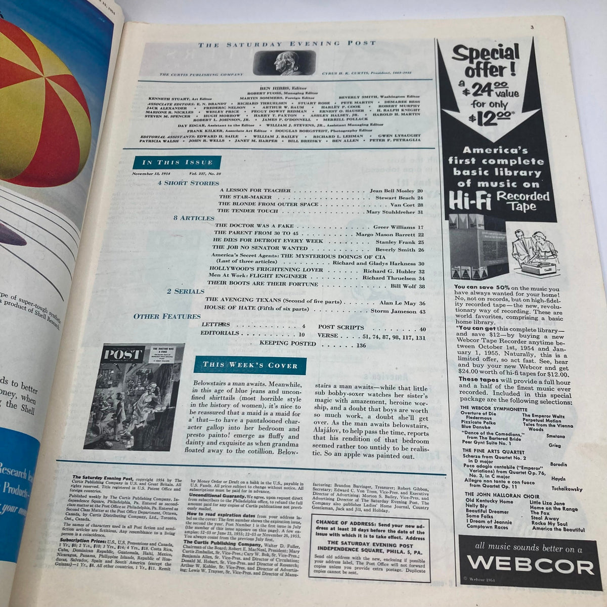 Inside page of the Saturday Evening Post Magazine November 13, 1954, highlighting the table of contents and articles, including 'The Doctor Was a Fake' by Greer Williams, illustrating the historic layout of mid-20th century magazine design.