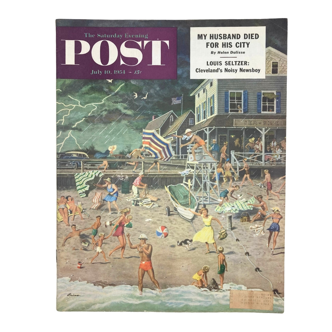 Cover of the Saturday Evening Post Magazine, July 10, 1954, featuring the artwork "Sandscape Involve" by Ben Prin. The cover depicts a vibrant beach scene with beachgoers enjoying the summer, showcasing mid-20th century American life.