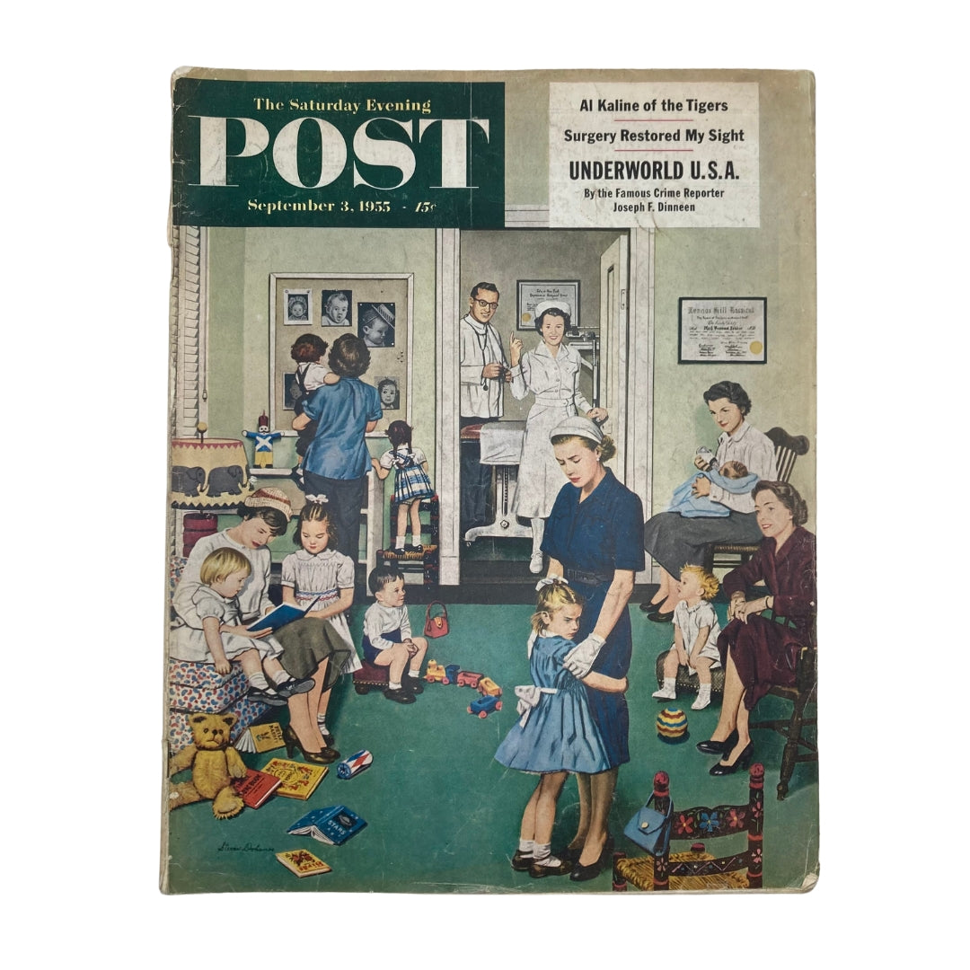Cover of Saturday Evening Post Magazine from September 3, 1955, featuring an illustration of children and adults in a dentist office, titled 'The Dentist' by Stevan Dohanos.