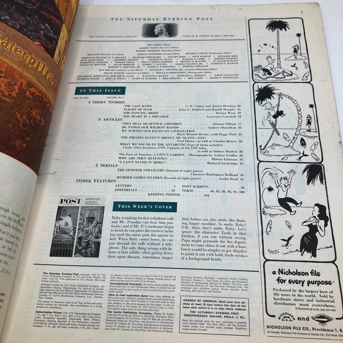 Back cover page of the Saturday Evening Post Magazine July 30 1955 featuring articles and advertisements, highlighting the magazine's features including the 'This Week's Cover' section showcasing vintage artwork.