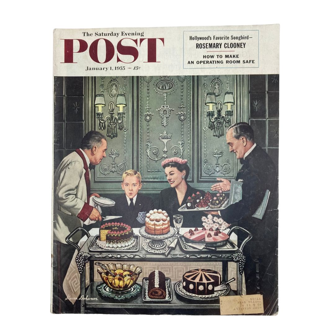 Cover of Saturday Evening Post Magazine January 1, 1955, featuring an illustration of a family dinner with desserts, capturing the essence of mid-20th century Americana.