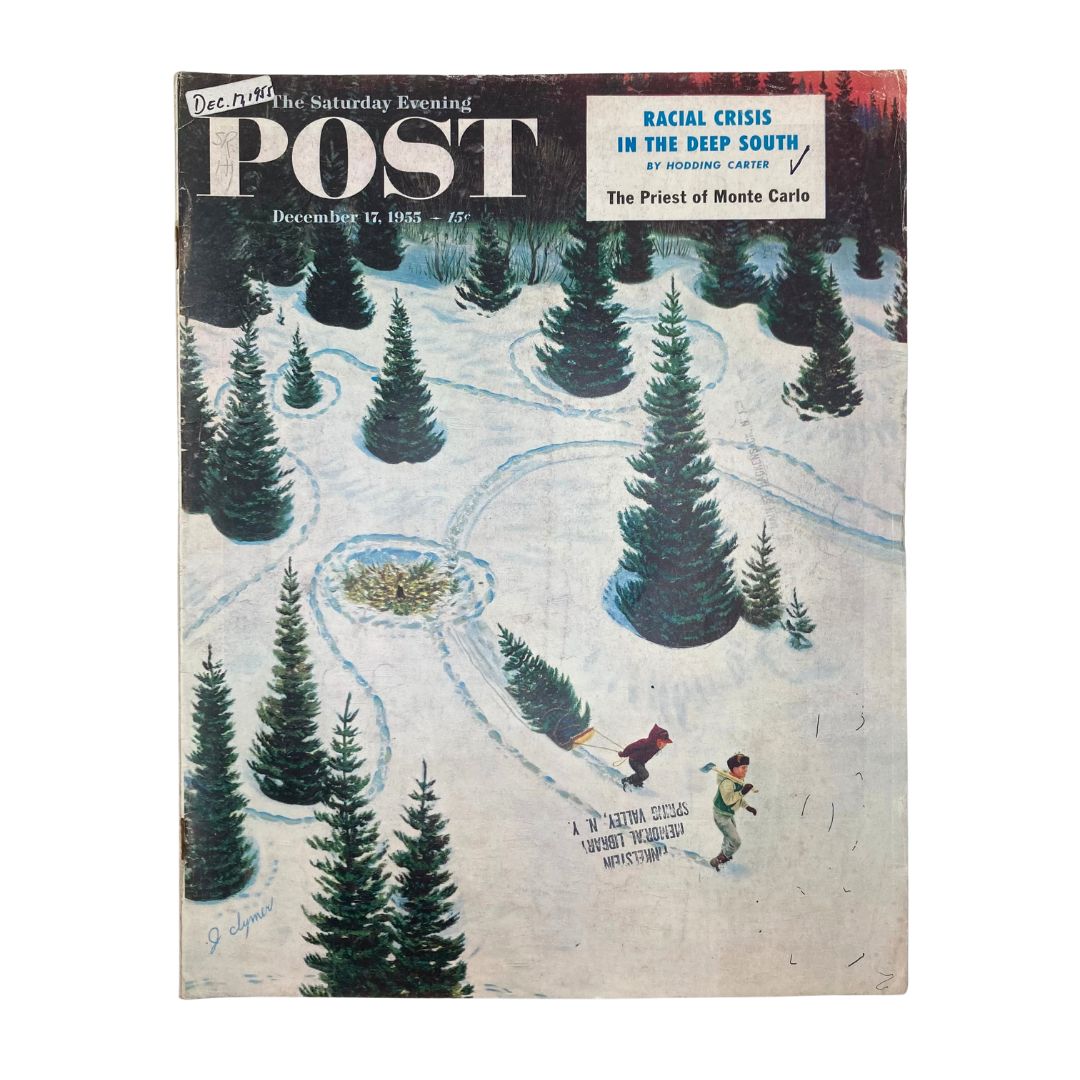 Cover of Saturday Evening Post Magazine December 17, 1955 featuring an illustration of city life and pine trees, titled 'City People'.