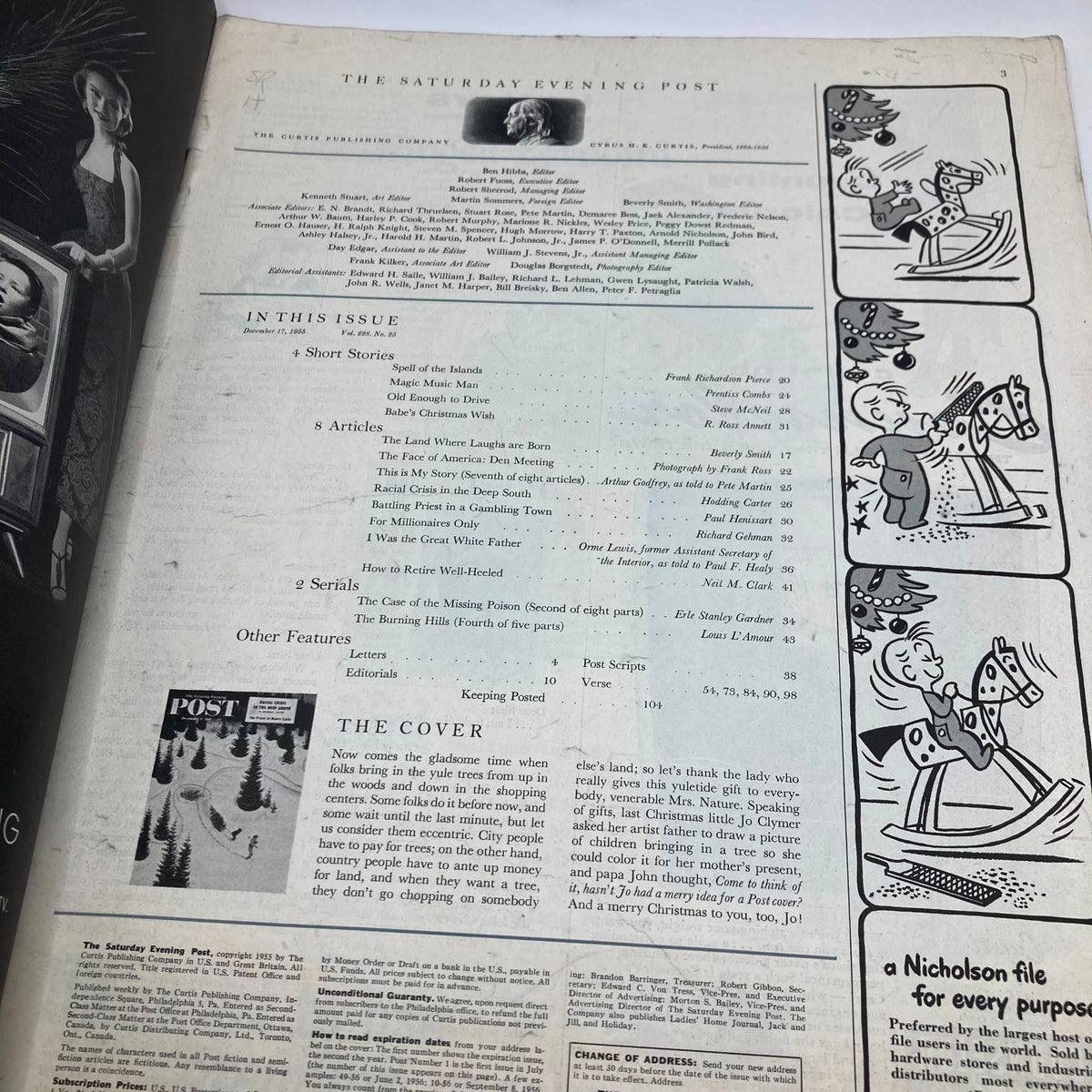 Interior page of Saturday Evening Post Magazine December 17, 1955 displaying articles and contents with illustrations showcasing 1950s American culture.
