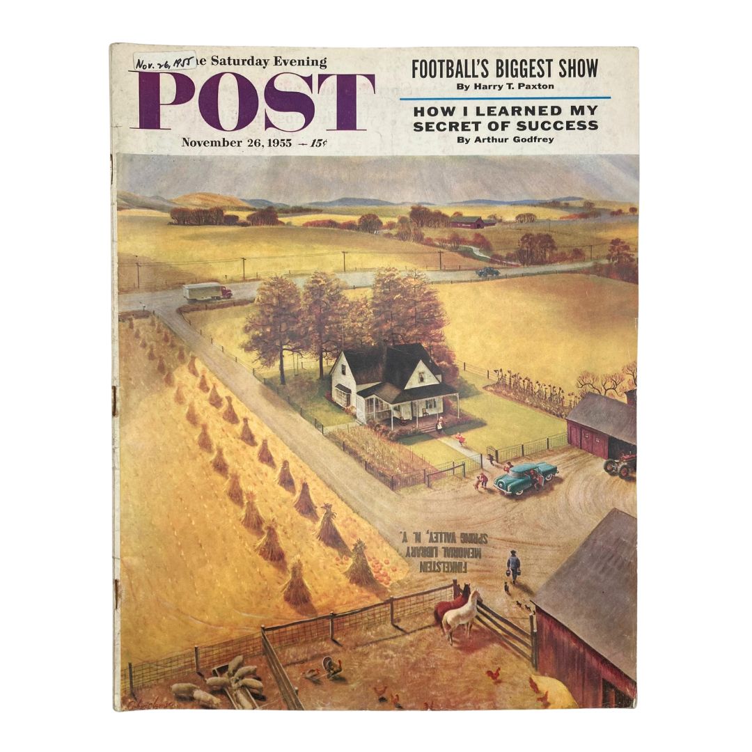 Cover of Saturday Evening Post Magazine from November 26, 1955, featuring Turkey Day artwork by Clymer, depicting a rural Thanksgiving scene with a farmhouse and harvest landscape.