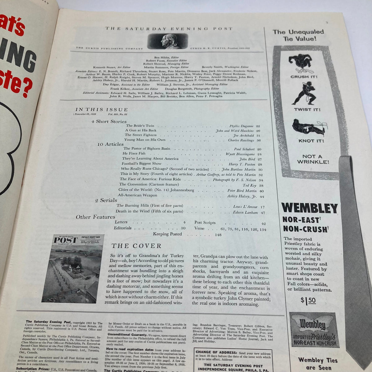 Inside page of the Saturday Evening Post Magazine dated November 26, 1955, showcasing the table of contents and highlights from this edition centered around Turkey Day themes.