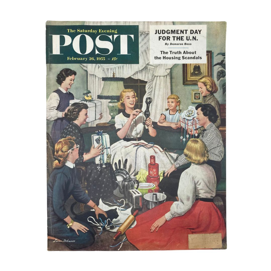 Cover of the Saturday Evening Post Magazine dated February 26, 1955 featuring the illustration 'Love is Blind' by Stevan Dohanos, depicting women celebrating with gifts.