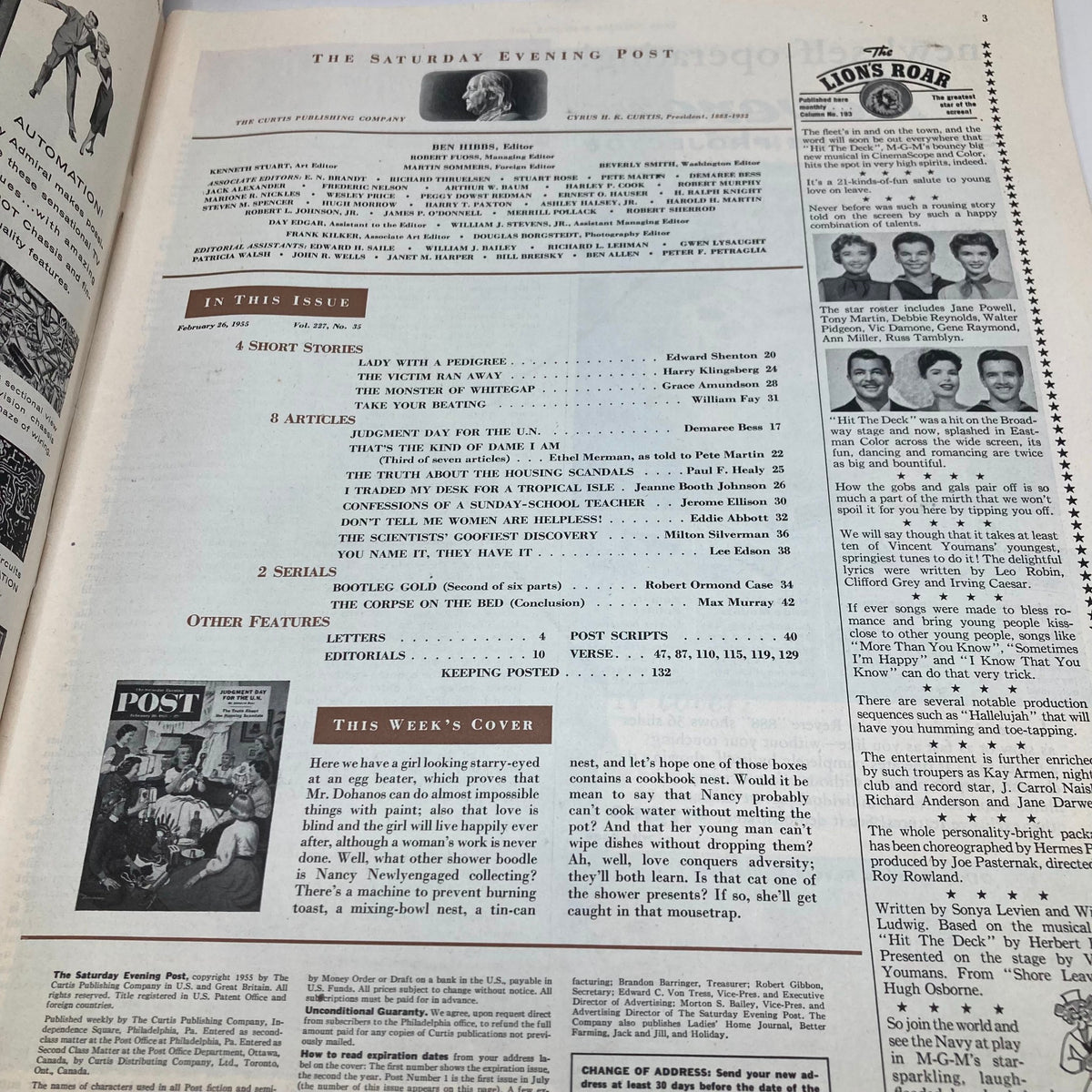 Inside page of the Saturday Evening Post Magazine from February 26, 1955, showcasing the contents including articles such as 'Judgment Day for the U.N.' and a preview of the artistic cover.