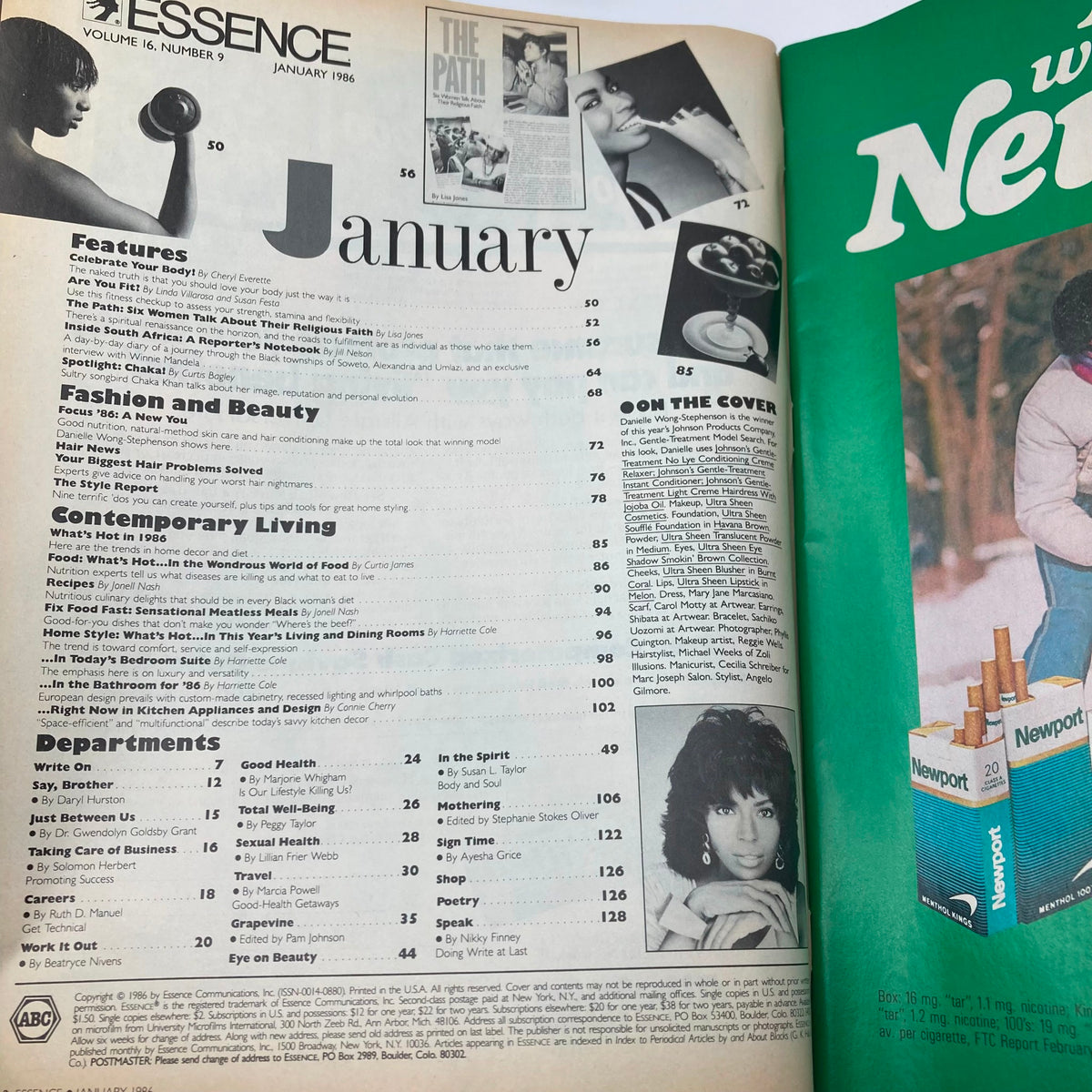 Inside page of VTG Essence Magazine January 1986 Vol 16 No 9, displaying the contents list, including features on health, beauty, and contemporary living topics, highlighting the magazine's focus on the experiences and challenges faced by Black women.