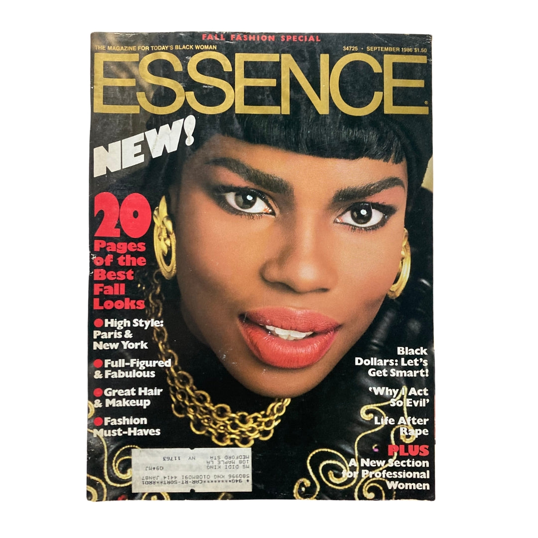 Cover of VTG Essence Magazine September 1986 Vol 17 No. 5 featuring Althea Laing with bold text highlighting '20 Pages of the Best Fall Looks' and various articles related to black culture.