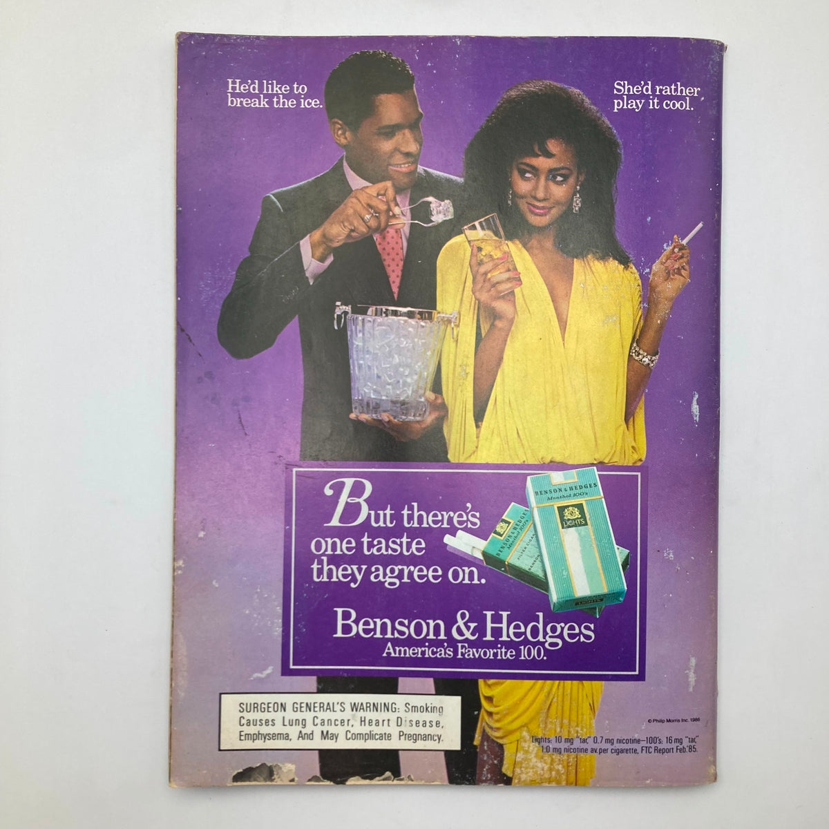 Back cover of VTG Essence Magazine September 1986 Vol 17 No. 5 advertising Benson & Hedges cigarettes with a vibrant illustration of a couple enjoying a social setting.