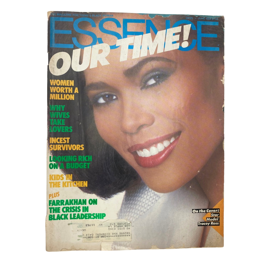 Vintage Essence Magazine cover from June 1984, featuring model-actress Tracey Ross, showcasing 1980s culture and empowerment.