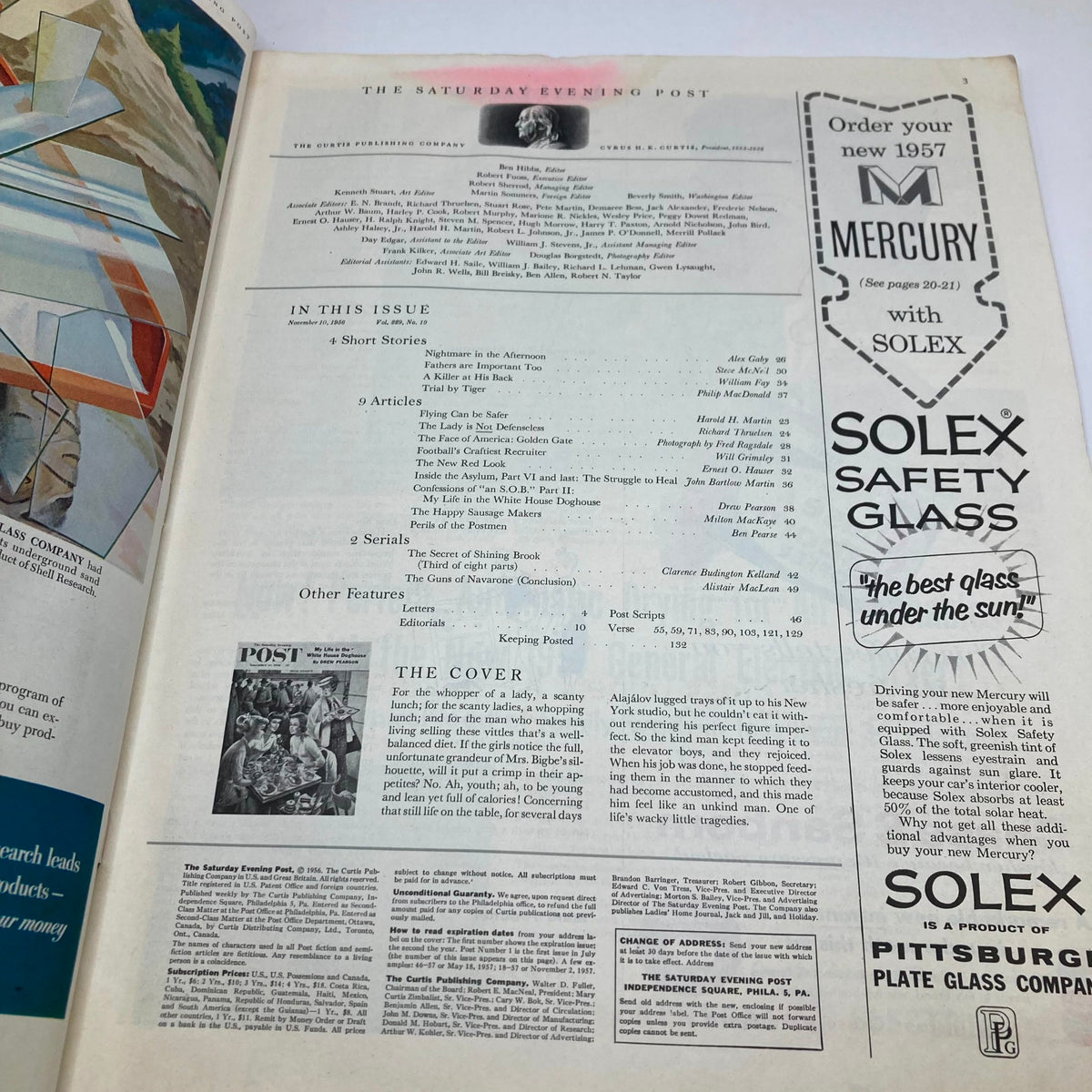 Interior page of the Saturday Evening Post Magazine November 10, 1956, showcasing the table of contents and details about various features and articles within the issue.