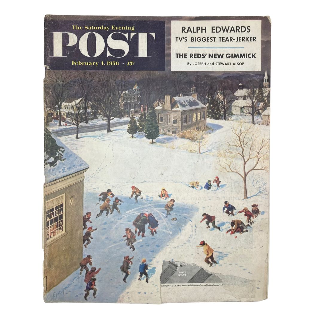 Cover of the Saturday Evening Post Magazine February 4 1956 featuring a winter scene with children playing in the snow, designed by artist Clymer.