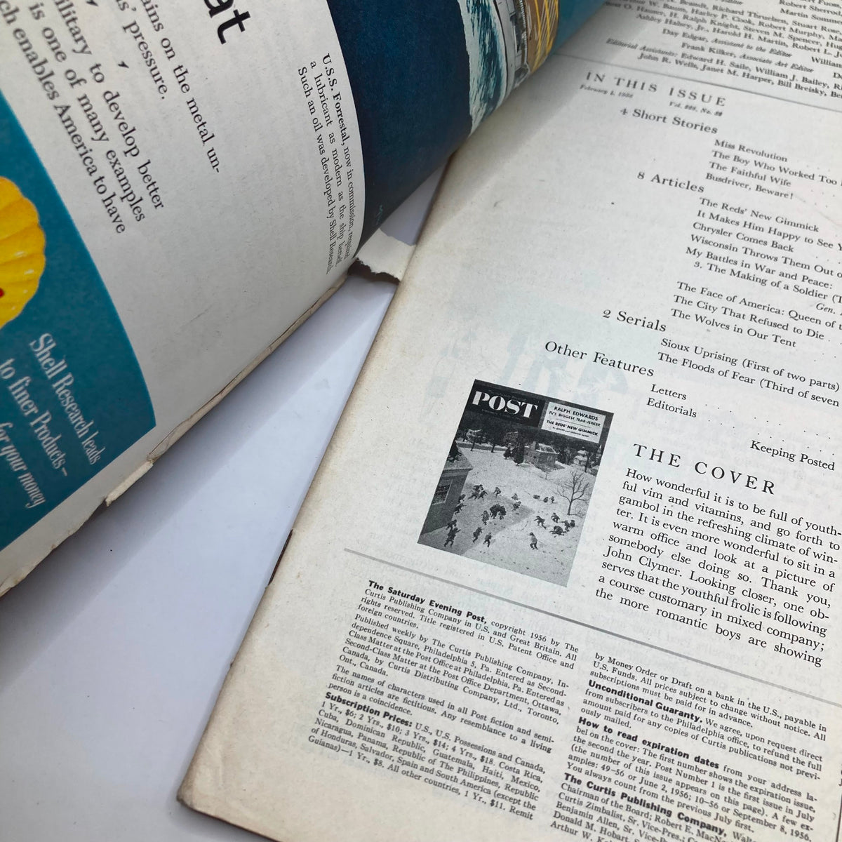 Interior view of Saturday Evening Post Magazine February 4 1956 showcasing articles and illustrations, including an image of the issue's cover.