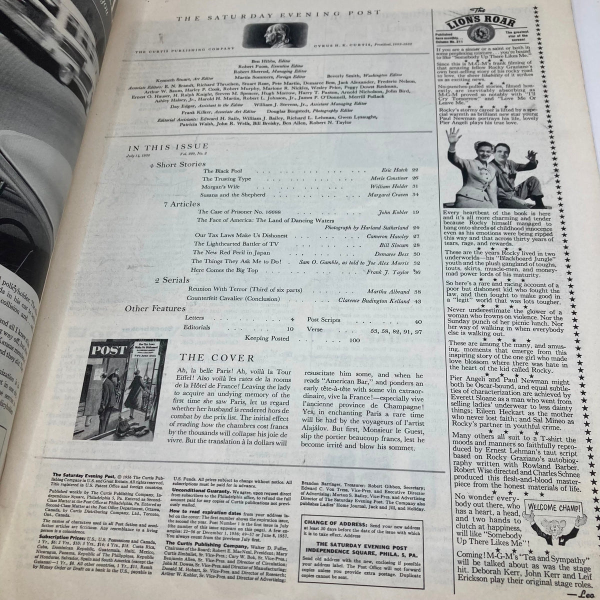 Interior of Saturday Evening Post Magazine July 14 1956 featuring contents and cover art 'La Belle Paris' by Alajalov, showcasing articles and features relevant to mid-20th century American culture.