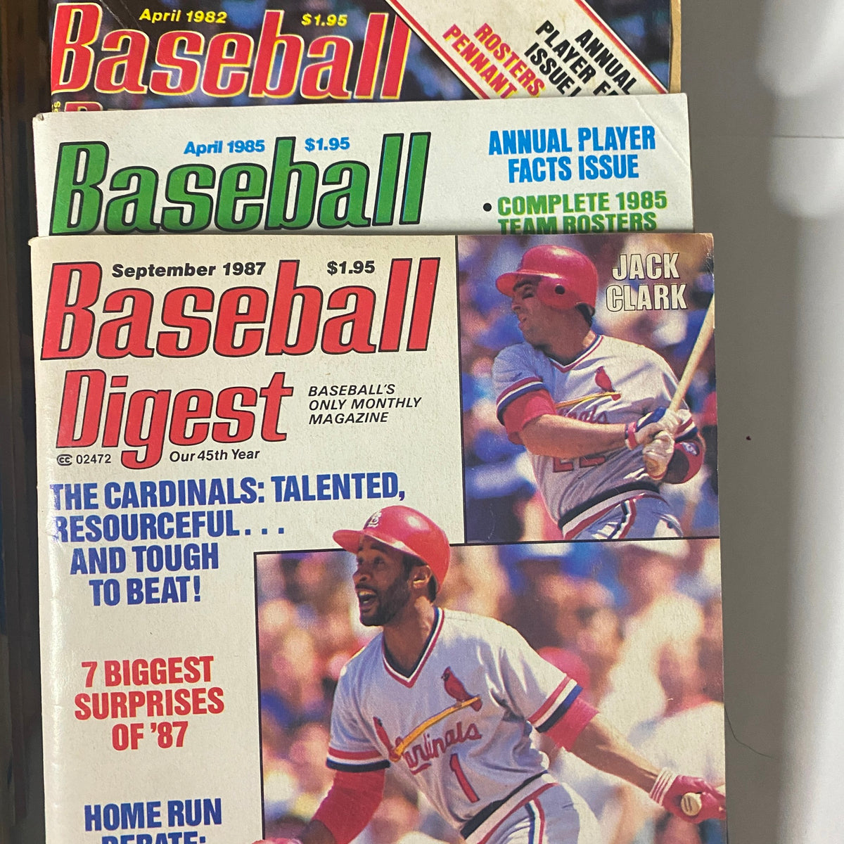 Rare Baseball Digest Collection – Lot of 44 Issues (1970–1987) displaying covers from April 1982 and September 1987, focusing on player profiles and team rosters.