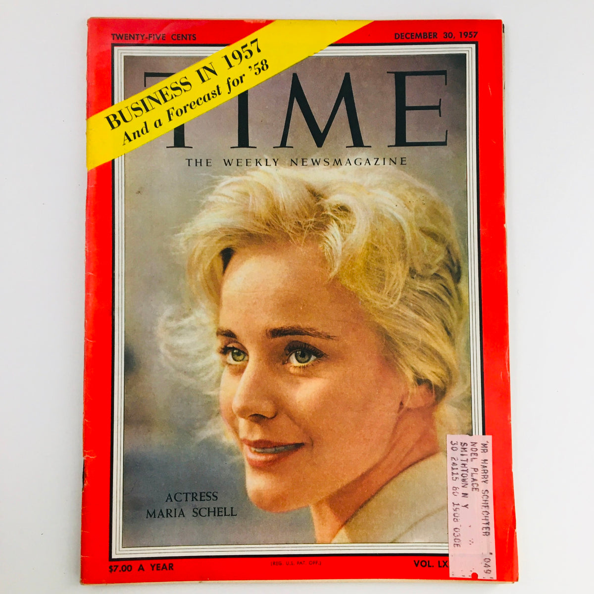 Time Magazine December 30 1957 featuring Austrian-Swiss Actress Maria Schell on the cover, showcasing her portrait with blonde hair and captivating eyes against a classic red magazine background, highlighting the keywords 'BUSINESS IN 1957 And a Forecast for '58'.