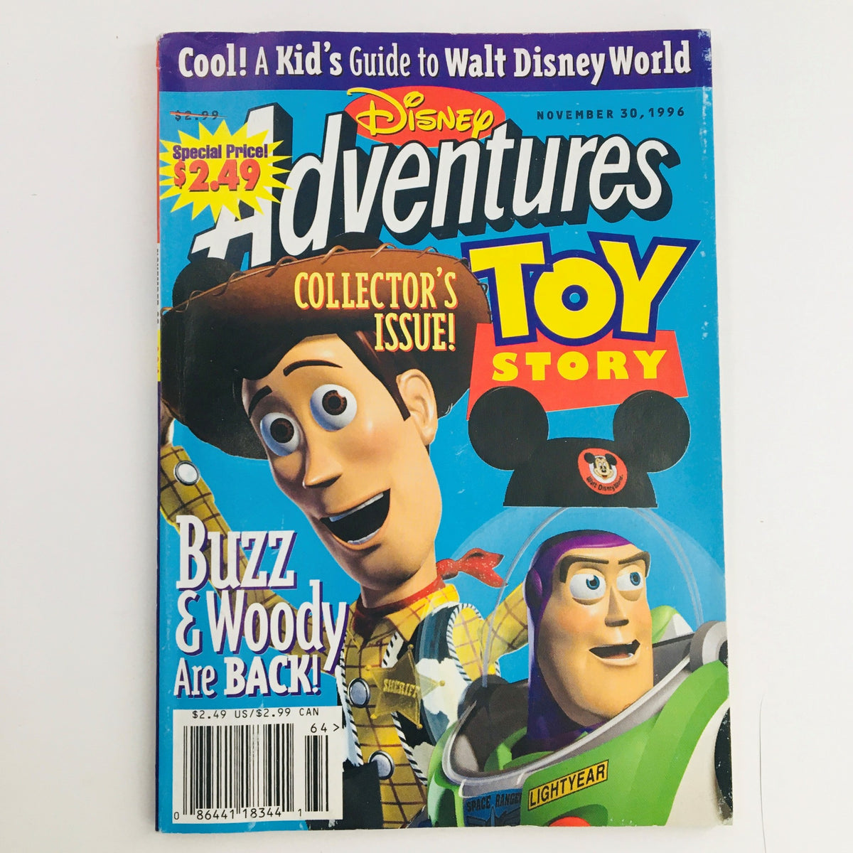 Cover of Disney Adventures Magazine from November 30, 1996, featuring Buzz Lightyear and Woody from Toy Story. Highlights include 'Collector's Issue' and mentions Buzz & Woody's return, with vibrant colors capturing the essence of 1990s Disney pop culture.