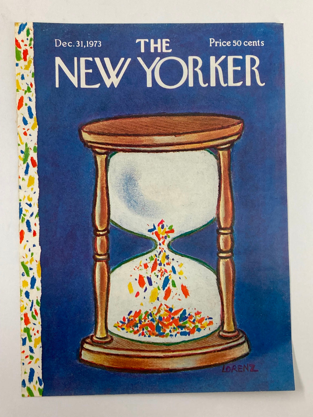 COVER ONLY The New Yorker December 31 1973 Hourglass by Lee Lorenz, showcasing a vibrant hourglass surrounded by a decorative border, representing vintage magazine art.