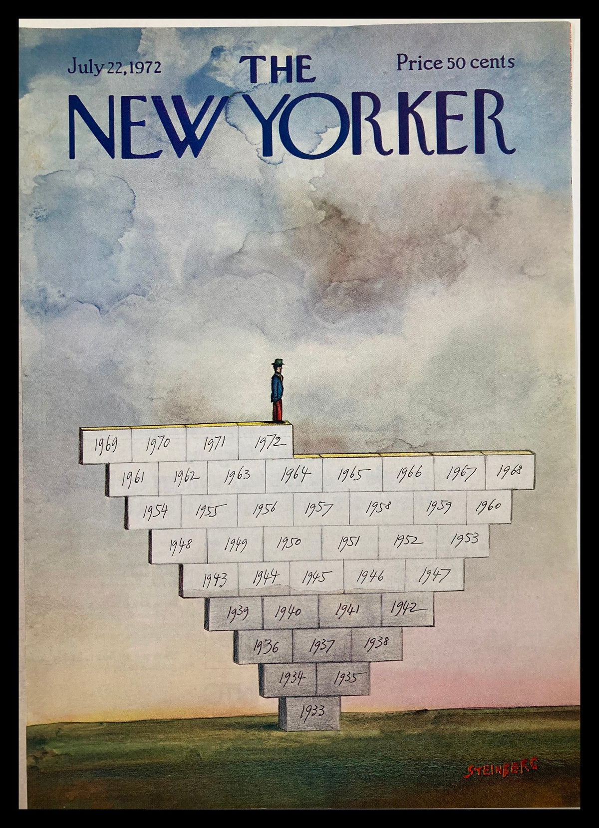 Cover of The New Yorker dated July 22, 1972, featuring artwork by Saul Steinberg, showcasing a man standing atop a stylized heart of years, reflecting on the passage of time.