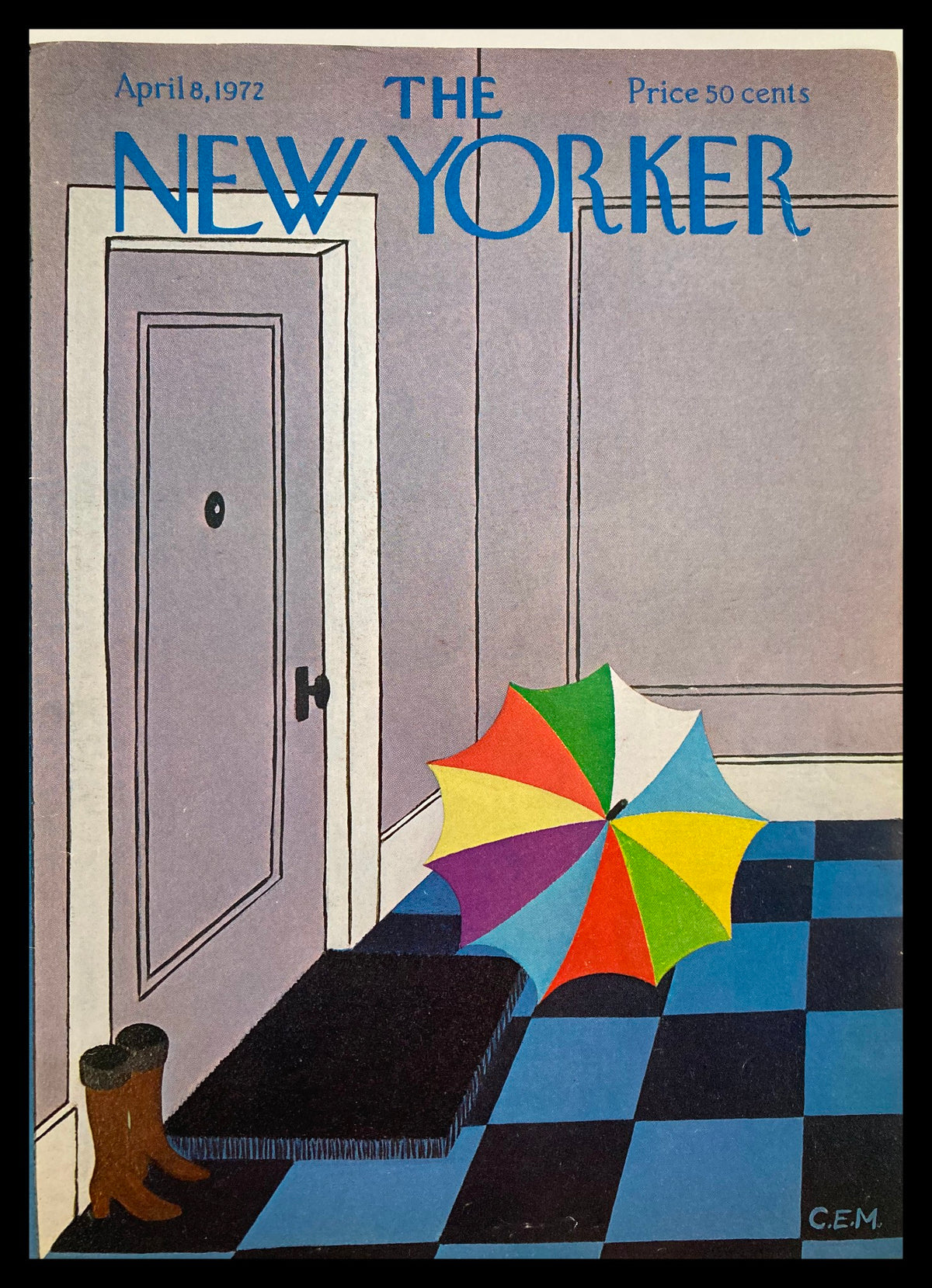 COVER ONLY The New Yorker April 8, 1972, featuring the whimsical "Umbrella Boot" illustrated by Charles Martin, showcasing a colorful umbrella and boots against a simplistic interior backdrop.