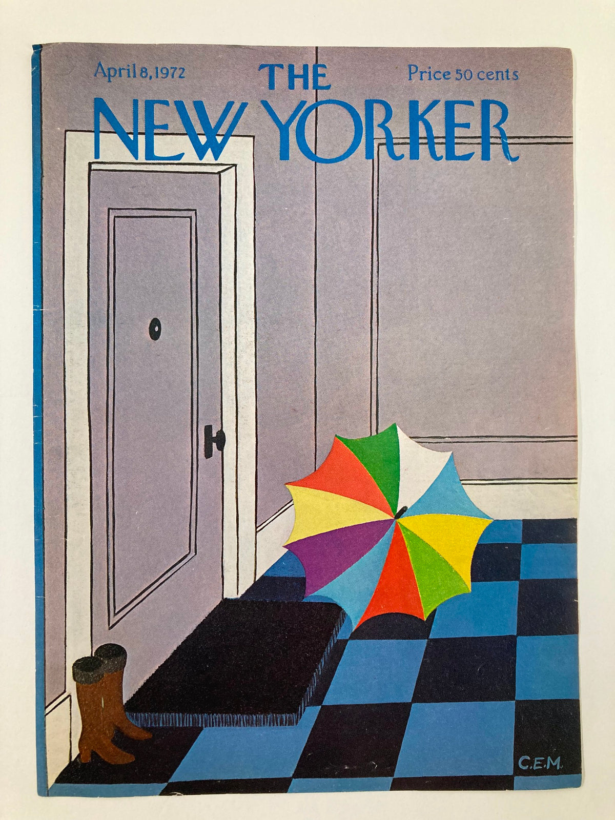 COVER ONLY The New Yorker April 8, 1972, with Charles Martin's illustration of an umbrella and boots, highlighting a minimalist entryway scene with vibrant colors.