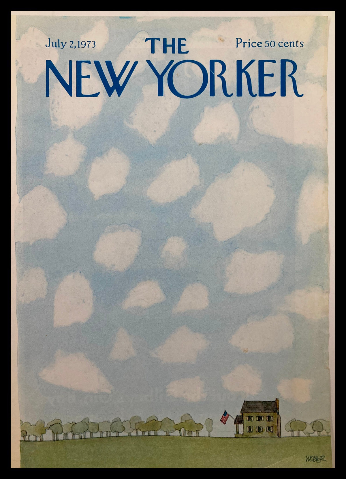 Cover of The New Yorker from July 2, 1973, featuring the artwork "Veteran Home" by Robert Weber, depicting a serene landscape with clouds and a small house.