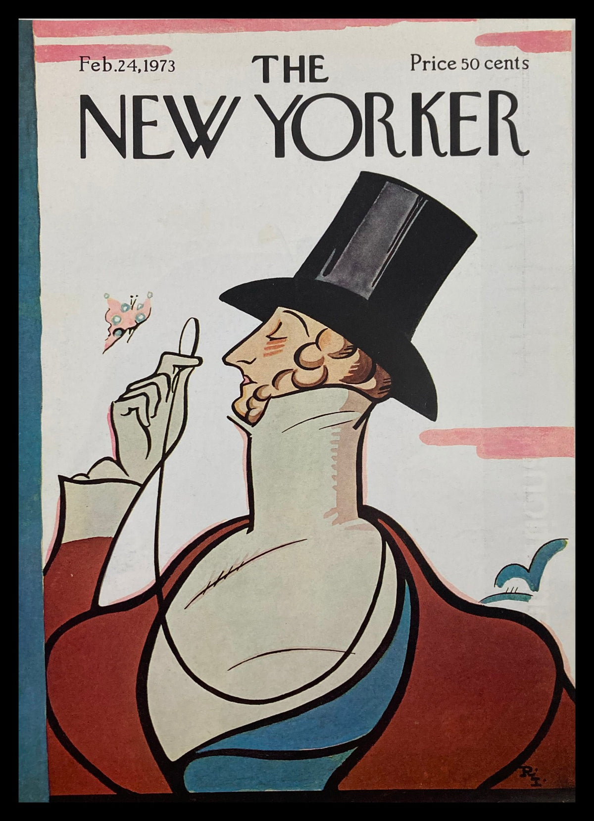 COVER ONLY The New Yorker February 24 1973 Master Tilley by Rea Irvin featuring a stylish man with a top hat and pipe, illustrated in vibrant colors.