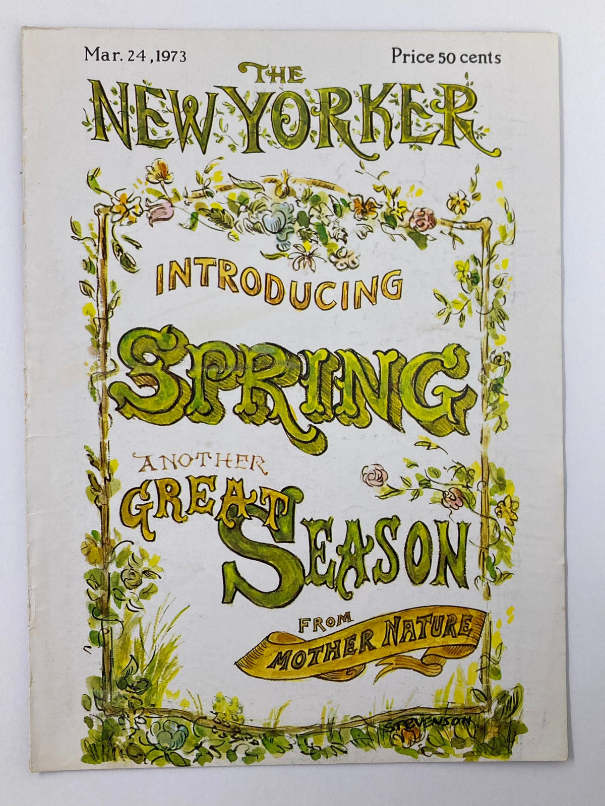 COVER ONLY The New Yorker March 24 1973 showcasing a vibrant spring-themed design, highlighting the title 'Introducing Spring - Another Great Season from Mother Nature' by J. Stevenson.