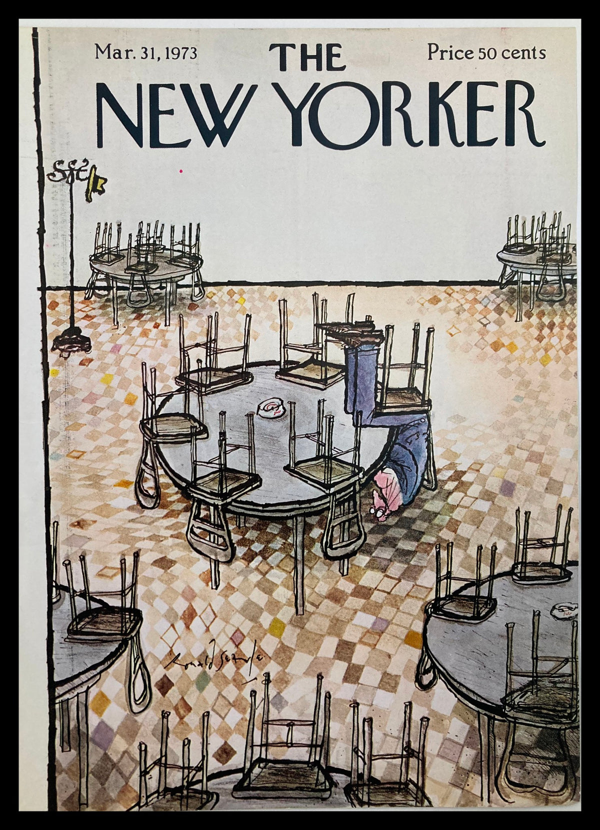 COVER ONLY The New Yorker March 31 1973 featuring a whimsical illustration titled 'Up Down' by Ronald Searle, depicting tables with chairs stacked upside down in a humorous setting.