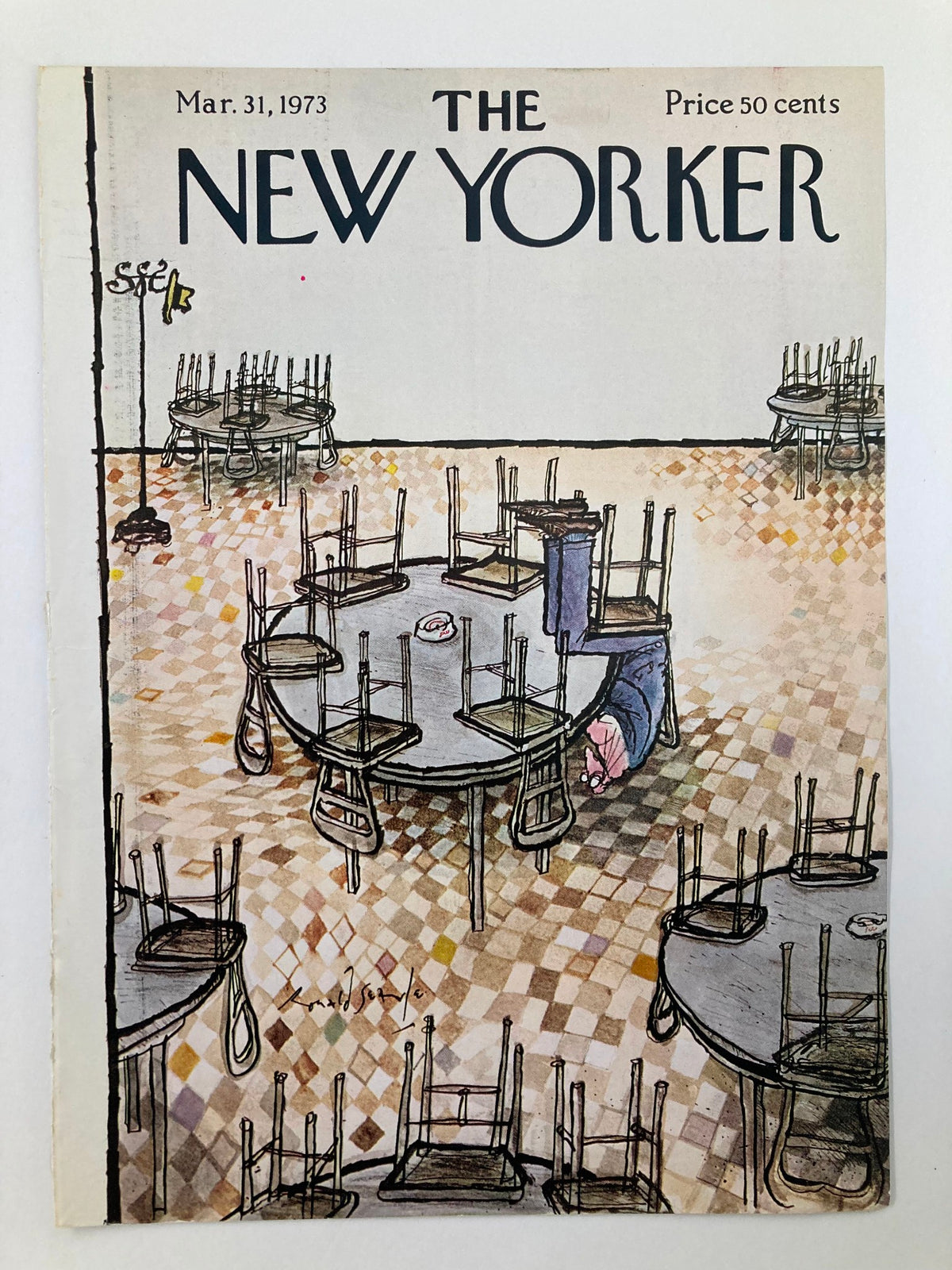COVER ONLY The New Yorker March 31 1973 showcasing 'Up Down' artwork by Ronald Searle, with an illustration of an empty room filled with upside-down chairs on tables.