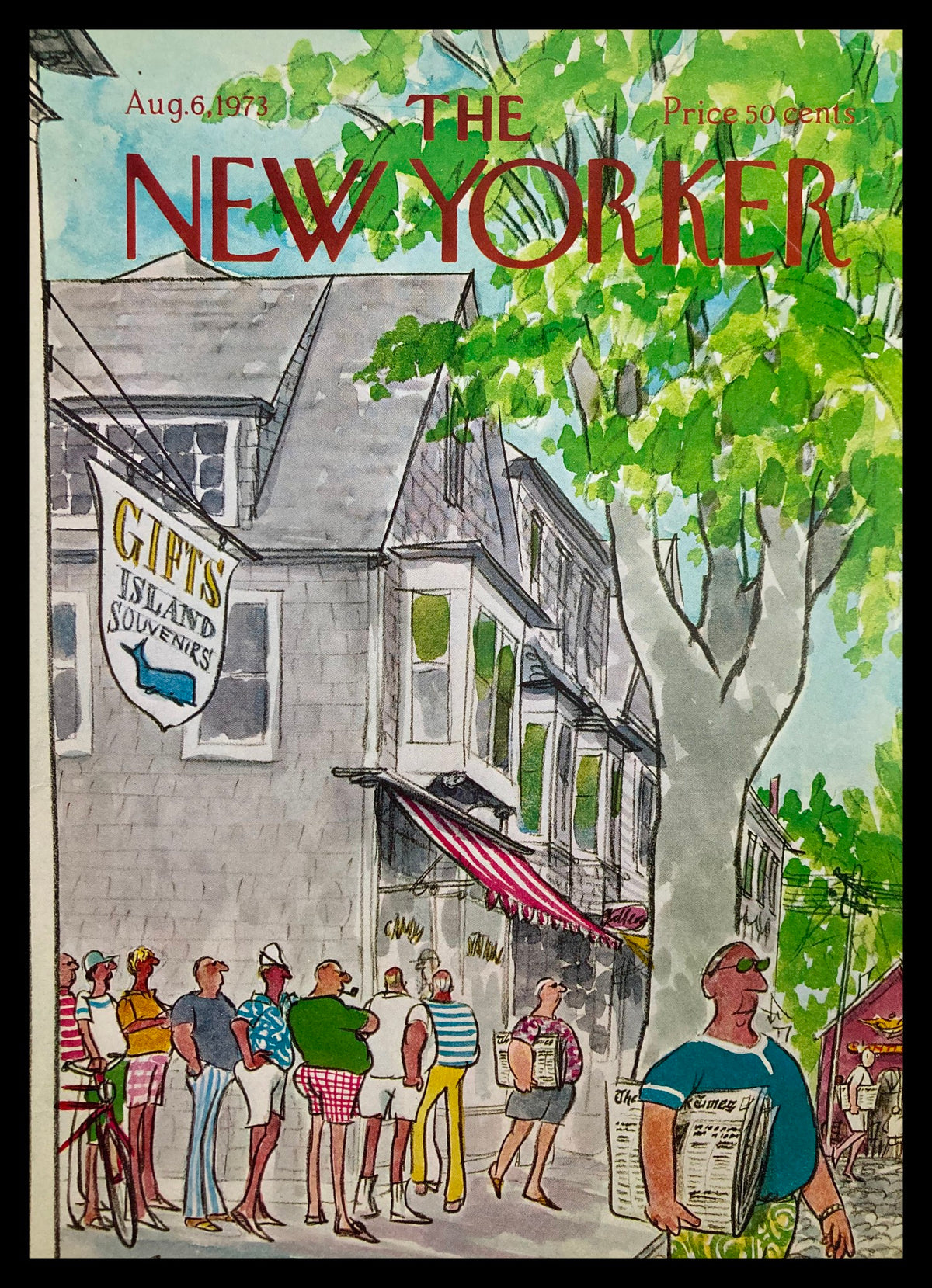 Cover of The New Yorker magazine dated August 6, 1973, featuring a vibrant illustration of people waiting outside a gift shop labeled 'Gifts Island Souvenirs,' surrounded by lush greenery.