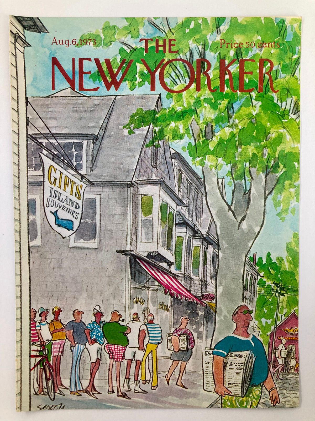 Cover of The New Yorker magazine dated August 6, 1973, featuring a colorful illustration of people outside a shop. The title reads 'COVER ONLY The New Yorker August 6 1973 Gifts Island Souvenir by Saxon No Label.'