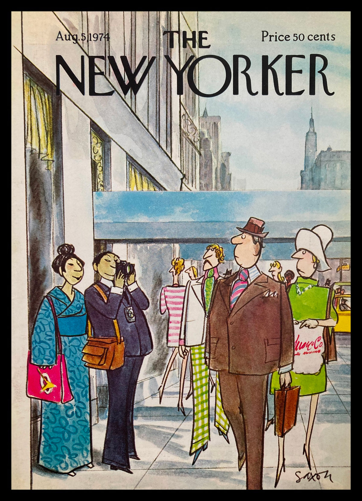 The New Yorker August 5 1974 cover featuring a vibrant illustration by Charles Saxon depicting tourists in stylish outfits, capturing a lively New York street scene.